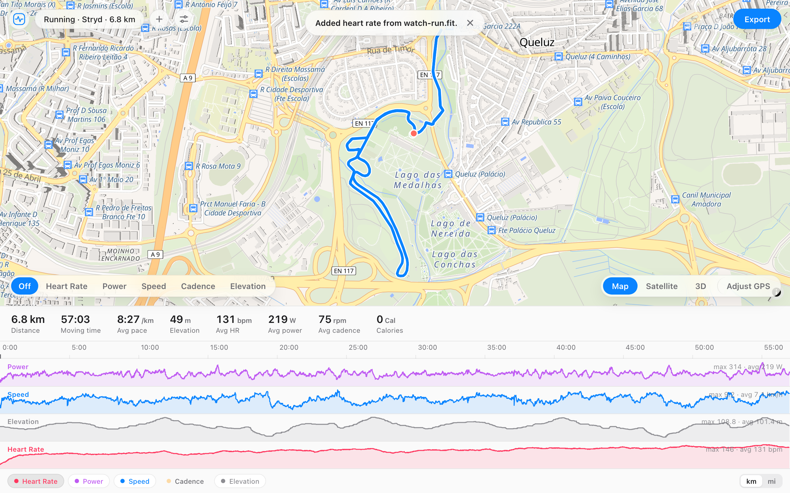 The FIT File Editor after adding a second recording of the same ride, with a notice listing the data it added