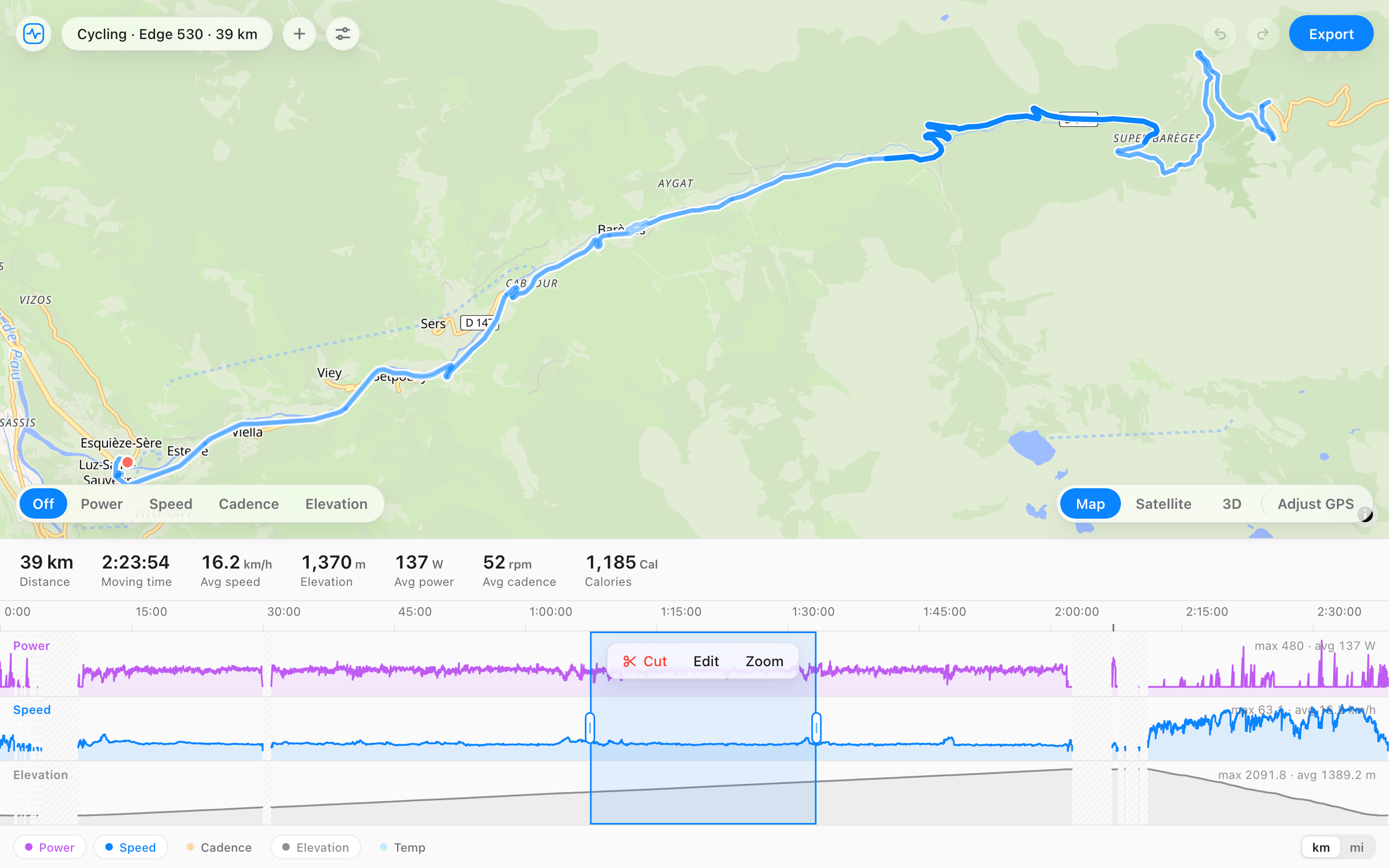 The FIT File Editor with a section of the ride selected on the timeline, ready to cut