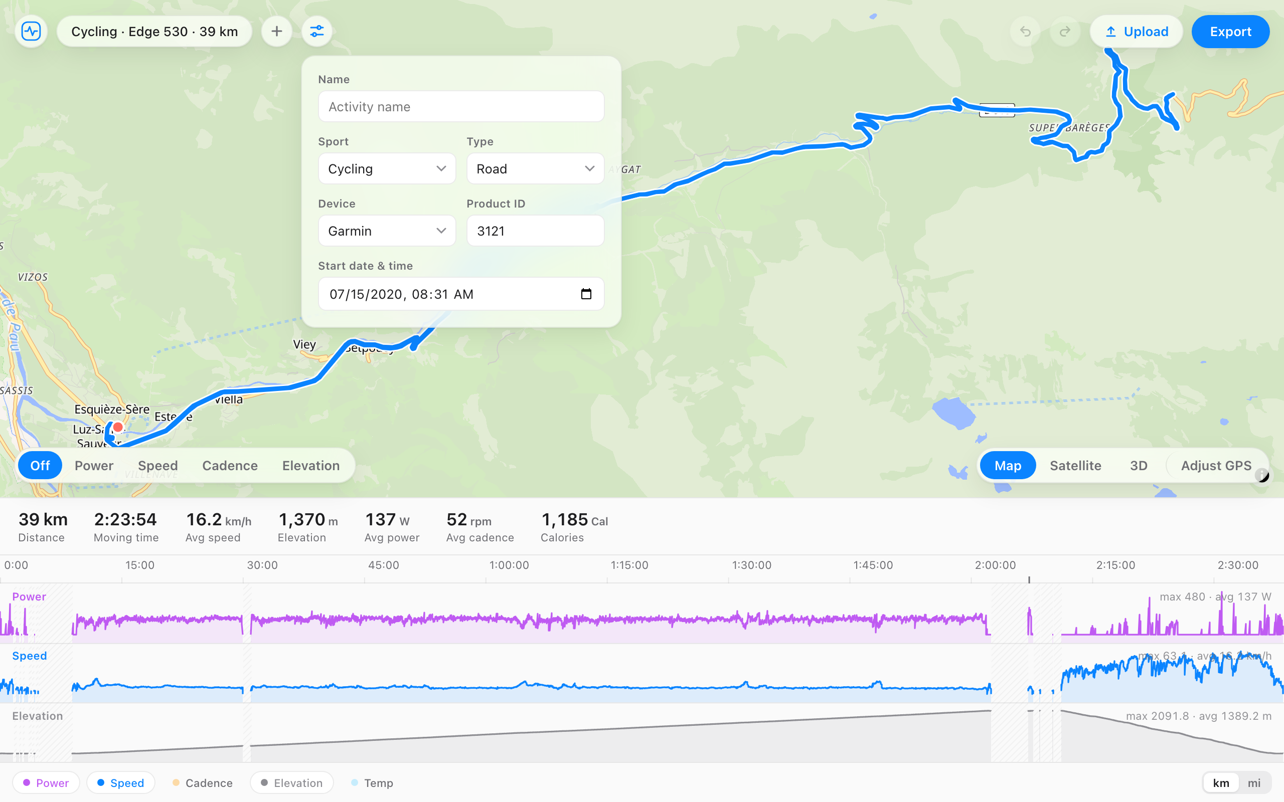 The FIT File Editor details panel open, with the start date and time field for shifting an activity