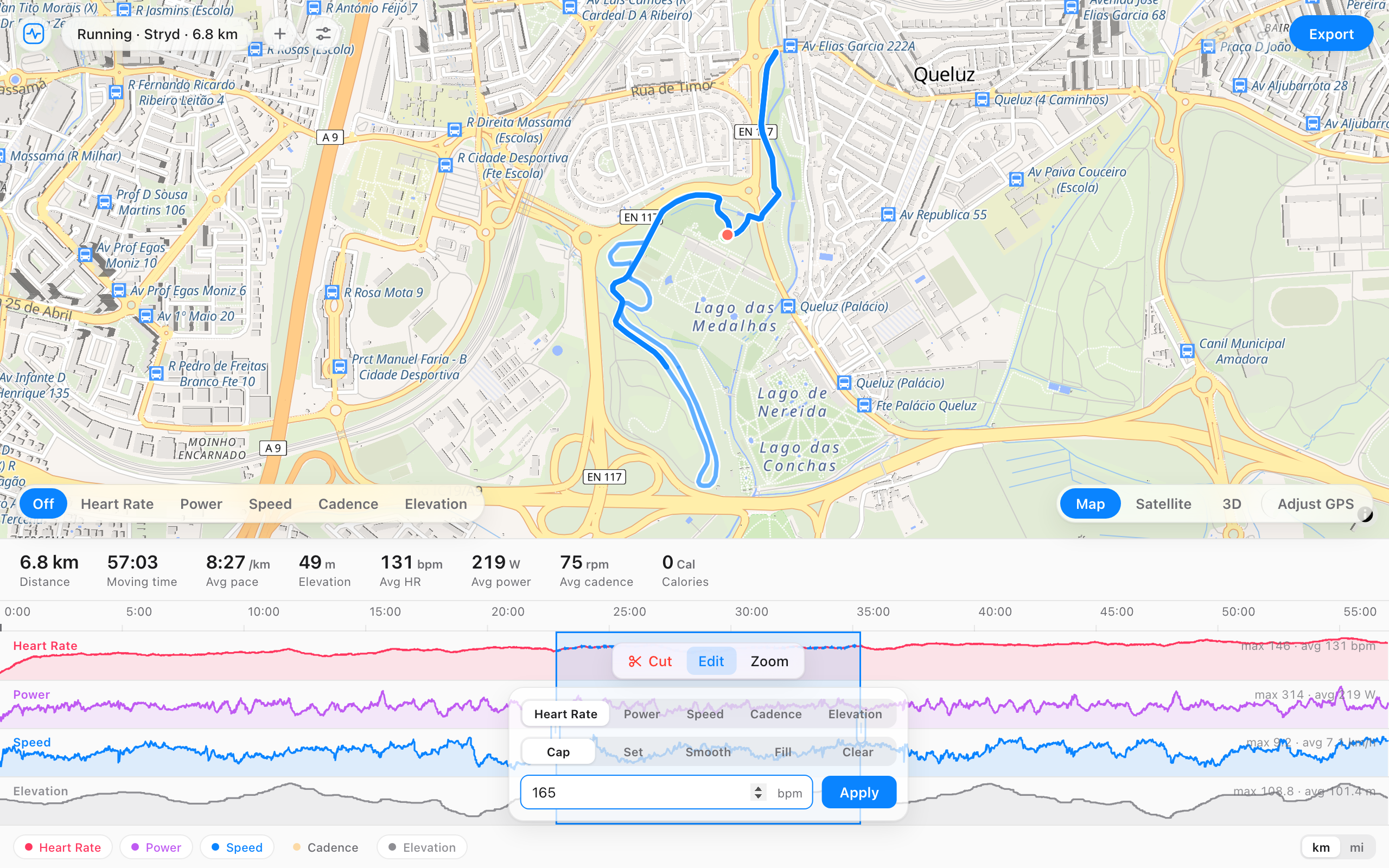 The FIT File Editor with a section selected and the edit panel open to cap a heart rate spike